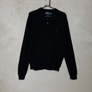 Polo Ralph Lauren Mens XL Black Pima Cotton Long Sleeve Knit Polo Sweater Preppy
